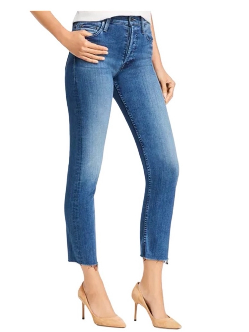 MOTHER The Tomcat Ankle Fray Watch Me Mid Blue Cropped Skinny Jeans